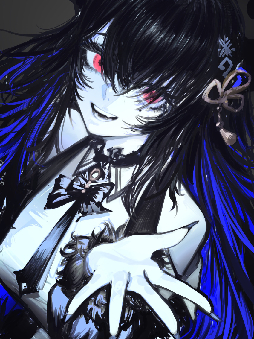1girl absurdres black_hair black_nails black_necktie blue_hair colored_inner_hair colored_skin empty_eyes fangs fingernails grey_background hair_ornament highres hololive hololive_english long_fingernails long_hair looking_at_viewer mole mole_under_eye multicolored_hair nail_polish necktie nerissa_ravencroft nerissa_ravencroft_(1st_costume) open_mouth pungson_mori reaching reaching_towards_viewer red_eyes simple_background solo tassel tassel_hair_ornament two-tone_hair upper_body virtual_youtuber white_skin