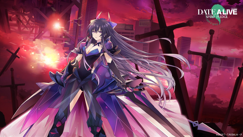 1girl armor armored_dress black_gloves breasts building closed_mouth clouds dark_persona date_a_live date_a_live:_spirit_pledge dress elbow_gloves gloves highres holding holding_sword holding_weapon horns huge_weapon long_hair multicolored_clothes multicolored_dress official_alternate_costume official_art purple_dress solo sword weapon yatogami_tenka yatogami_tooka