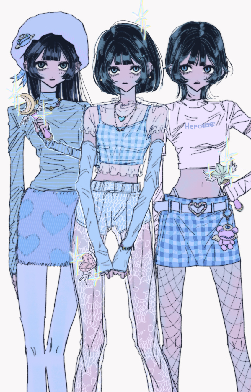 3girls absurdres black_hair blue_eyes blue_hat blue_pantyhose blue_shorts blue_skirt blue_sleeves clothes_writing cropped_shirt detached_sleeves earrings fishnet_pantyhose fishnets hat heart heart_necklace heart_print highleg highleg_panties highres holding holding_wand jewelry long_hair medium_hair miniskirt multiple_girls necklace original panties pantyhose plaid plaid_skirt print_skirt shirt short_hair shorts simple_background skirt sleeves_past_wrists underwear wand white_background white_shirt yosh1to