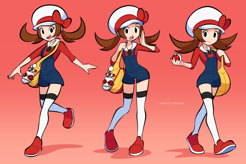 1girl artist_name bag black_eyes blue_overalls brown_hair cabbie_hat closed_mouth eyelashes full_body hat highres holding holding_poke_ball long_hair looking_at_viewer lyra_(pokemon) multiple_views open_mouth overalls poke_ball poke_ball_(basic) pokegear pokemon pokemon_hgss red_background red_footwear red_shirt shirt shoes shoulder_bag smile teeth thigh-highs twintails upper_teeth_only vinny_(dingitydingus) white_headwear white_thighhighs yellow_bag