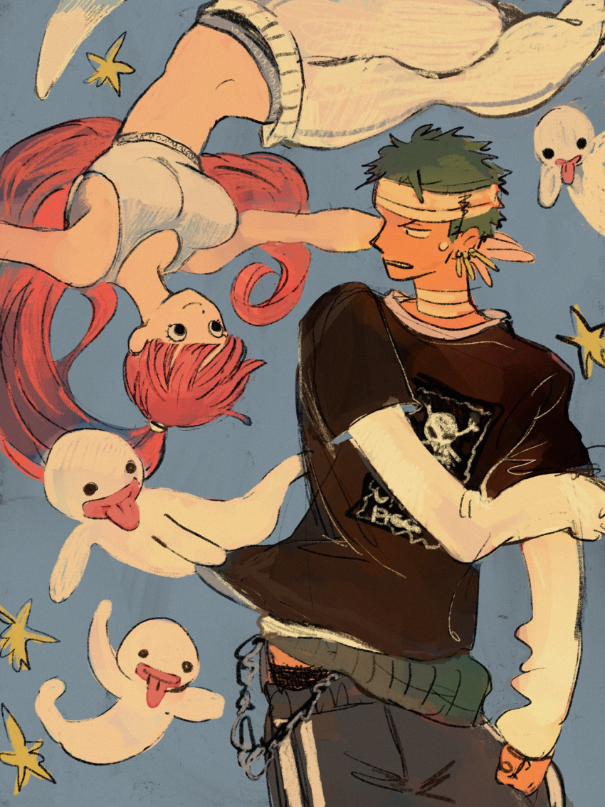 1boy 1girl bandaged_head bandaged_neck bandages black_shirt blue_background blunt_bangs chain earrings floating ghost green_hair haramaki highres jewelry looking_at_another makenevemoiine one_piece pants perona pink_hair roronoa_zoro shirt short_hair sports_bra star_(symbol) tongue tongue_out track_pants twintails upper_body