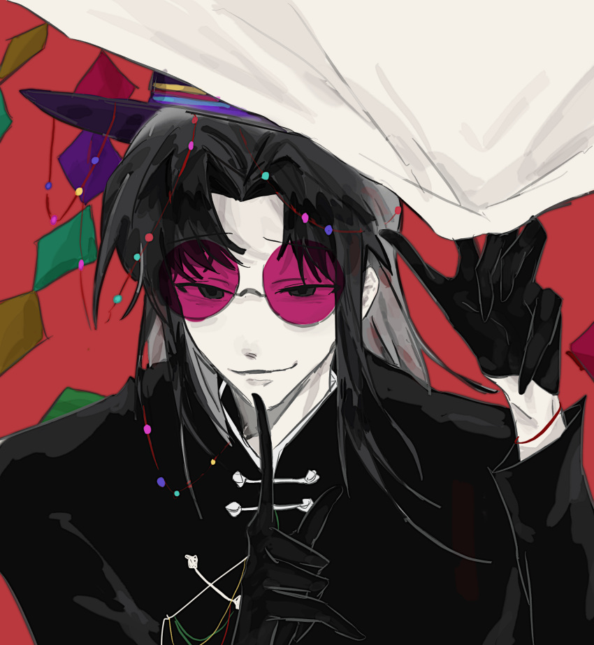 1boy beads black_eyes black_gloves black_hair black_shirt chinese_commentary closed_mouth colored_skin commentary_request gloves half_gloves hat highres huai_yunqing index_finger_raised long_hair long_sleeves male_focus mandarin_collar pink-tinted_eyewear purple_hat red_background round_eyewear shirt smile solo tinted_eyewear touqi_guaitan upper_body white_skin yanghuacheng