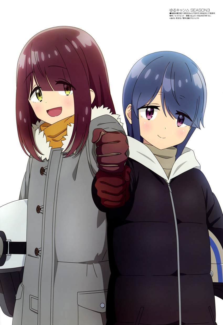 absurdres black_coat blue_hair blunt_bangs blush brown_gloves brown_hair closed_mouth coat fist_bump gloves grey_coat grey_shirt helmet highres holding holding_helmet long_hair long_sleeves looking_at_viewer magazine_scan megami_magazine motorcycle_helmet official_art open_mouth scan scarf shima_rin shirt sidelocks simple_background smile standing toki_ayano turtleneck violet_eyes white_background yellow_eyes yellow_scarf yurucamp