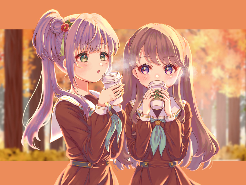 2girls aqua_neckerchief autumn blowing blowing_steam blurry blurry_background brown_dress brown_hair check_commentary coffee_cup commentary_request covered_mouth cup disposable_cup dress drinking flower fujishima_megumi green_eyes hair_bun hair_flower hair_ornament hasu_no_sora_school_uniform highres hiyori_(20hiyori727) holding holding_cup letterboxed link!_like!_love_live! lone_nape_hair long_hair long_sleeves looking_at_another looking_at_object love_live! multiple_girls neckerchief open_mouth otomune_kozue outside_border pleated_dress purple_hair raised_eyebrow red_flower sailor_collar sailor_dress school_uniform side_ponytail sidelighting sidelocks single_side_bun starbucks steam tree two_side_up upper_body violet_eyes virtual_youtuber white_sailor_collar winter_uniform