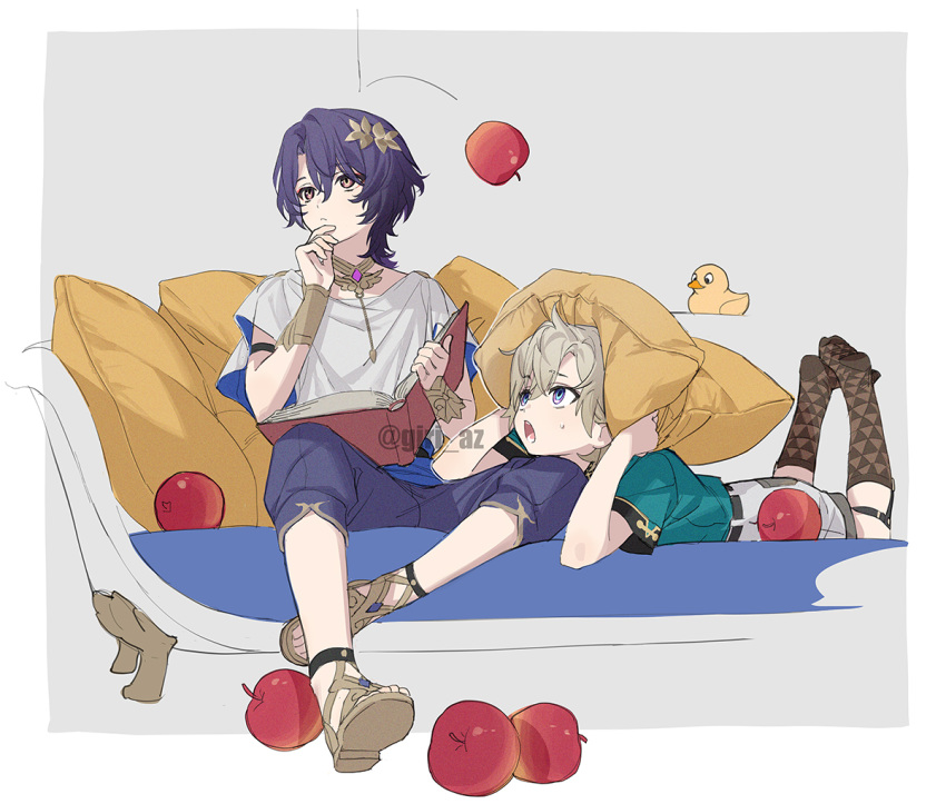 2boys aged_down apple aqua_shirt arm_on_another's_leg armlet artist_name aventurine_(honkai:_star_rail) bangle black_socks blonde_hair blue_eyes blue_hair blue_shorts book border bracelet brown_eyes brown_footwear caelus_(honkai:_star_rail) chaise_longue dark_blue_hair dot_nose dropped_food elbow_rest food fruit giri_az grey_background hair_between_eyes hair_ornament hand_on_own_chest hand_up hands_up holding holding_book holding_pillow honkai:_star_rail honkai_(series) jewelry leaf_hair_ornament legs_apart light_frown looking_ahead looking_at_another looking_up lying male_focus multiple_boys necklace object_on_head on_stomach open_book open_mouth parted_hair pillow print_socks red_apple ringed_eyes rubber_duck sandals shirt short_sleeves shorts sitting socks sweatdrop t-shirt thinking trailblazer_(honkai:_star_rail) two-handed two-tone_eyes violet_eyes white_border white_footwear white_shirt wide_sleeves wolf_cut