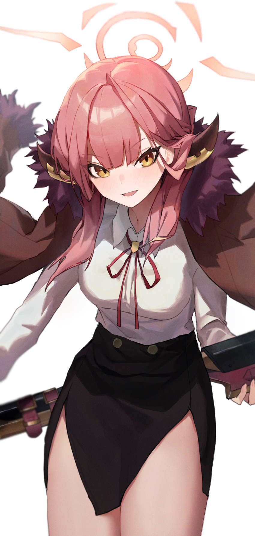 1girl absurdres aru_(blue_archive) black_skirt blue_archive blush breasts brown_horns collared_shirt cowboy_shot demon_horns halo highres horns large_breasts leste_(humansequencer) long_hair long_sleeves open_mouth pink_hair pink_halo shirt simple_background skirt solo white_background white_shirt yellow_eyes