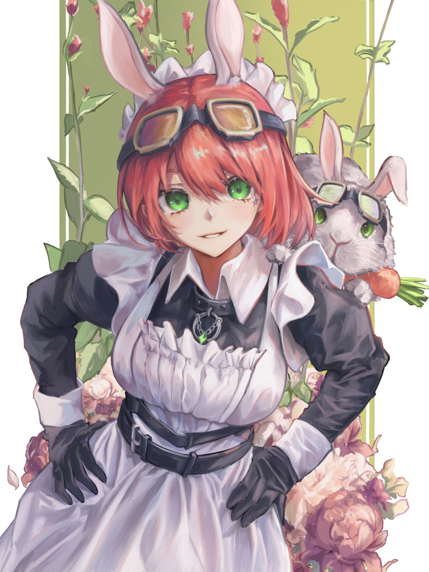 1girl absurdres animal_ears apron belt black_belt black_gloves carrot collar collared_shirt cowboy_shot facial_mark flower frilled_apron frills gloves goggles goggles_on_head green_eyes hair_between_eyes hands_on_own_hips highres long_sleeves looking_at_viewer maid maid_apron mari_(morishow99) morishow99 original parted_lips rabbit rabbit_ears redhead shirt short_hair smile solo star_(symbol) star_facial_mark white_apron white_shirt