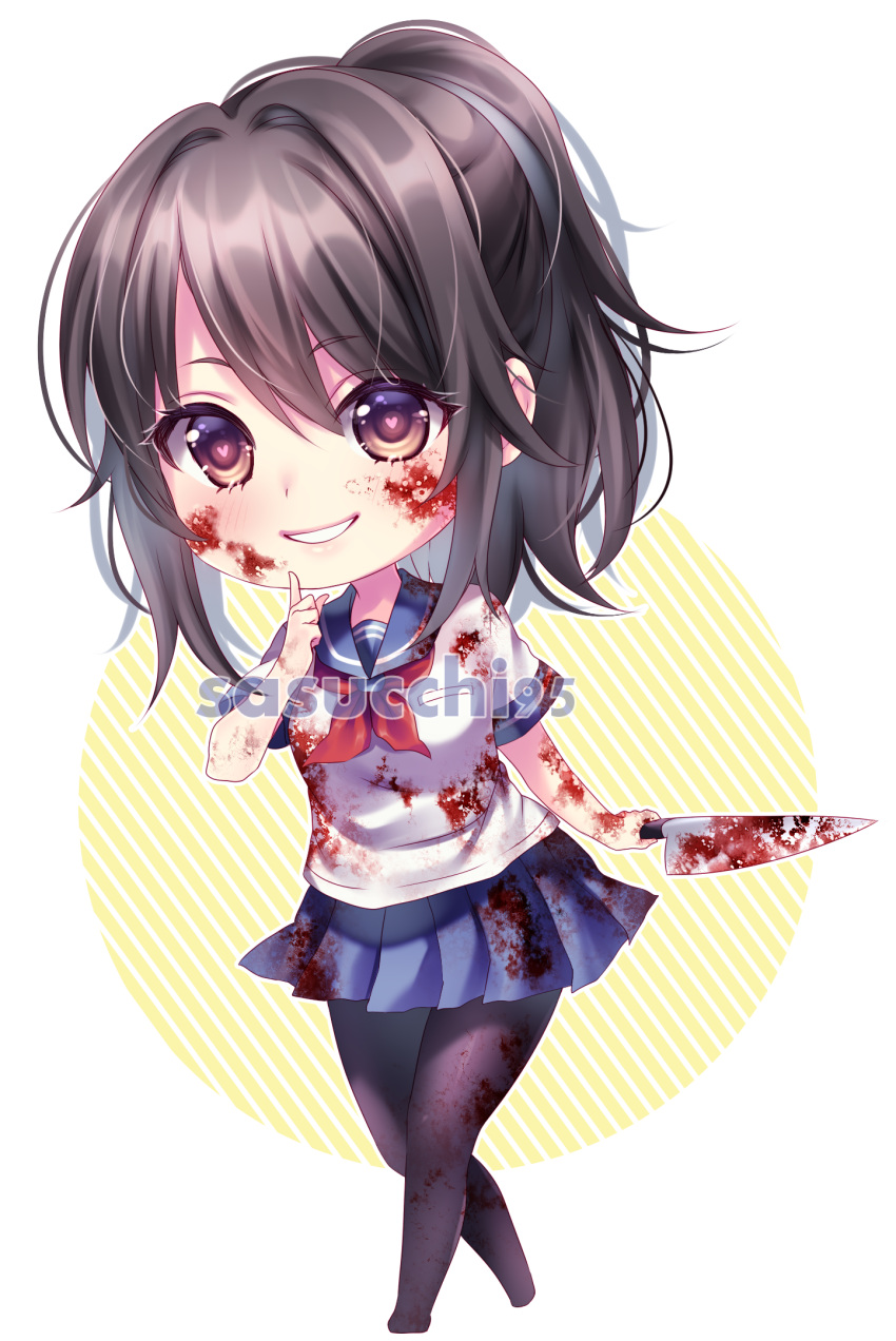 1girl arm_at_side artist_name ayano_aishi black_hair black_thighhighs blood blood_on_clothes blood_on_face blood_on_knife blue_sailor_collar blue_skirt blush bright_pupils chibi chibi_only finger_to_own_chin full_body grin hair_between_eyes heart heart-shaped_pupils highres holding holding_knife index_finger_raised kitchen_knife knife looking_at_viewer medium_hair miniskirt neckerchief pantyhose pink_pupils ponytail red_neckerchief sailor_collar sasucchi95 school_uniform shirt skirt smile solo striped_background symbol-shaped_pupils thigh-highs transparent_background violet_eyes walking white_shirt yandere_simulator yellow_background