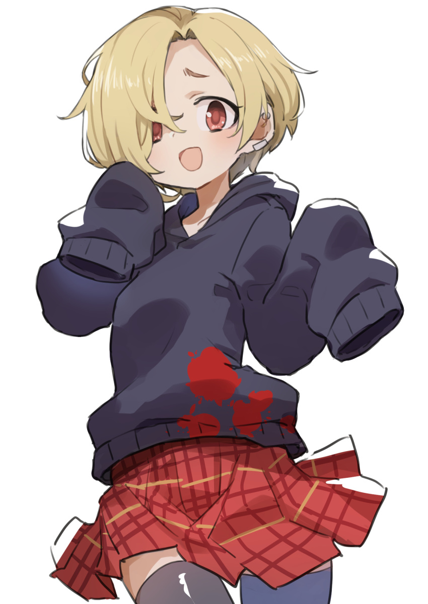 1girl black_hoodie black_thighhighs blonde_hair blood blood_on_clothes blush cowboy_shot dot_nose flat_chest gazacy_(dai) hair_over_one_eye hands_up highres hood hood_down hoodie idolmaster idolmaster_cinderella_girls idolmaster_cinderella_girls_starlight_stage long_sleeves looking_at_viewer miniskirt open_mouth plaid plaid_skirt pleated_skirt red_eyes red_skirt shirasaka_koume short_hair simple_background skirt sleeves_past_fingers sleeves_past_wrists smile solo standing thigh-highs white_background zettai_ryouiki