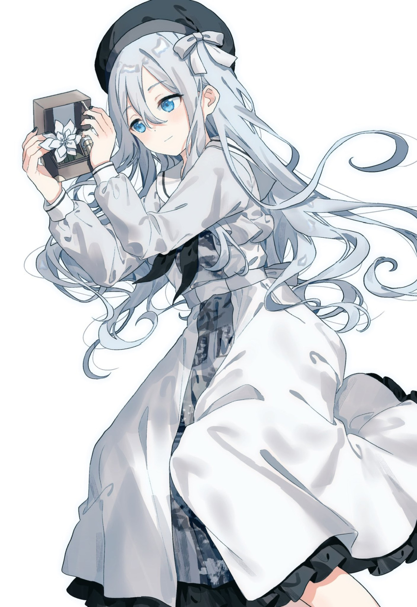 1girl black_hat black_neckerchief blue_eyes blush character_request check_character check_copyright closed_mouth copyright_request dress feet_out_of_frame flower grey_dress grey_hair hair_between_eyes highres holding long_hair long_skirt long_sleeves looking_at_object migolu music_box neckerchief petticoat project_sekai sailor_collar simple_background skirt solo white_background yoisaki_kanade
