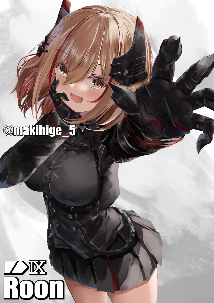 1girl :d absurdres azur_lane black_gloves black_jacket blonde_hair breasts buttons character_name commentary_request cowboy_shot double-breasted excited from_above gloves hair_between_eyes hand_on_own_cheek hand_on_own_face happy headgear highres hip_focus jacket long_sleeves looking_at_viewer looking_up makihige medium_breasts medium_hair metal_gloves miniskirt multicolored_hair pleated_skirt reaching reaching_towards_viewer redhead roon_(azur_lane) signature skirt smile solo streaked_hair thighs two-tone_hair yellow_eyes
