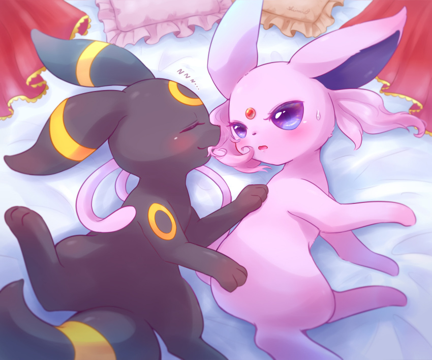 absurdres black_fur blush closed_eyes espeon forehead_jewel forked_tail hair_in_another's_mouth highres looking_at_another lying markings no_humans on_side pink_fur pokemon pokemon_(creature) shii_(no-va_could) sleeping smile sweat tail two-tone_fur umbreon violet_eyes yellow_fur zzz