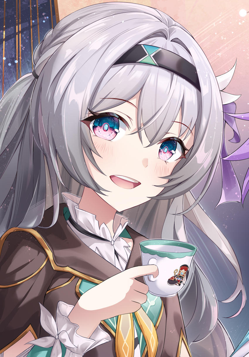 1girl :d absurdres areluna black_hairband black_jacket commentary cup firefly_(honkai:_star_rail) grey_hair hairband hand_up highres holding holding_cup honkai:_star_rail honkai_(series) jacket long_hair looking_at_viewer open_mouth pom-pom_(honkai:_star_rail) smile solo upper_body violet_eyes