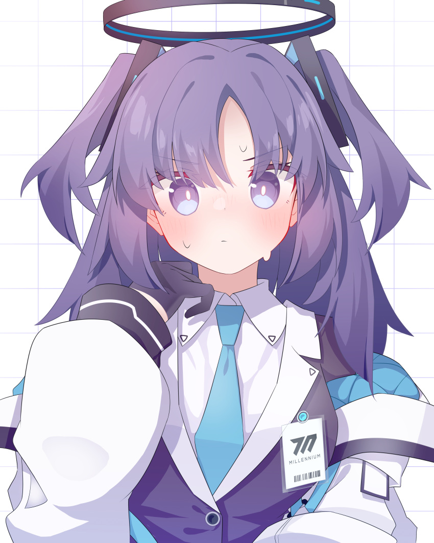 1girl absurdres black_gloves black_jacket blue_archive blue_necktie blush bright_pupils collared_shirt ear_blush gloves grid_background halo hand_up highres jacket layered_clothes long_hair looking_at_viewer necktie purple_hair satoh_vrc shirt solo sweat two_side_up upper_body violet_eyes white_background white_jacket white_shirt yuuka_(blue_archive)