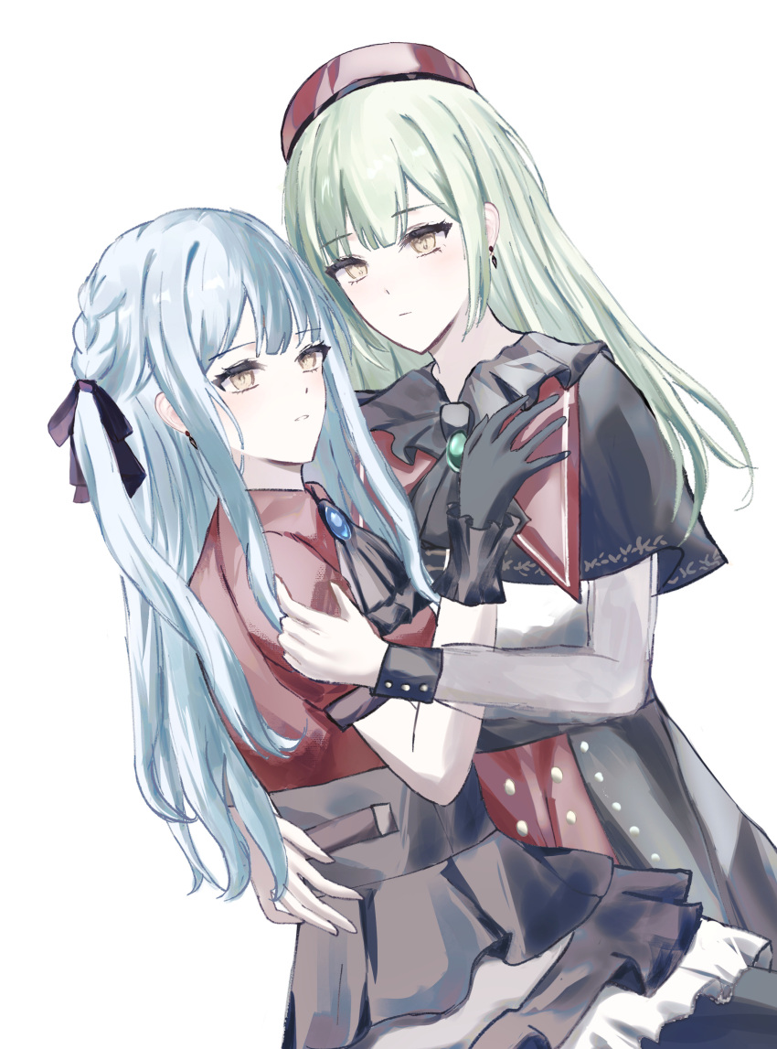 2girls absurdres ascot bang_dream! bang_dream!_it's_mygo!!!!! beret black_ascot black_gloves black_ribbon black_skirt blue_brooch blue_hair blush braid chinese_commentary commentary_request earrings gloves green_brooch green_hair hair_ribbon hat highres hug jewelry long_hair long_sleeves multiple_girls parted_lips puffy_short_sleeves puffy_sleeves red_hat red_shirt ribbon see-through see-through_sleeves shirt short_sleeves sidelocks simple_background skirt togawa_sakiko two_side_up wakaba_mutsumi white_background yellow_eyes yingdaoyicha yuri