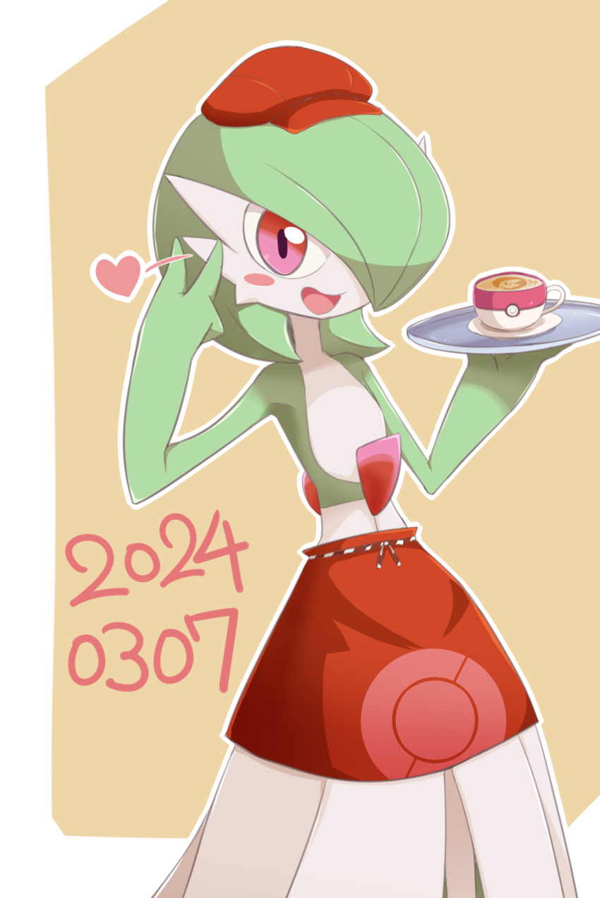 1girl apron blush blush_stickers bob_cut border brown_background cabbie_hat clothed_pokemon coffee colored_skin commentary_request cup dated drink flat_chest gardevoir gardevoir_day green_hair green_skin hair_over_one_eye hands_up happy hat heart highres holding holding_drink holding_tray latte_art mini_hat multicolored_skin neichii one_eye_covered open_mouth outline outside_border poke_ball_symbol pokemon pokemon_(creature) pokemon_cafe_remix red_apron red_hat saucer short_hair simple_background smile solo standing teacup tray two-tone_skin v waist_apron white_border white_outline white_skin