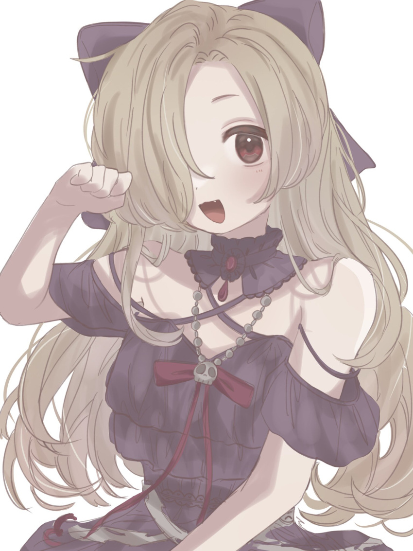 1girl alternate_hair_length alternate_hairstyle bare_shoulders blonde_hair bow dress fang flat_chest hair_bow hair_over_one_eye highres idolmaster idolmaster_cinderella_girls idolmaster_cinderella_girls_starlight_stage long_hair looking_at_viewer manamu_nikoko open_mouth paw_pose red_eyes shirasaka_koume simple_background sketch smile solo upper_body white_background