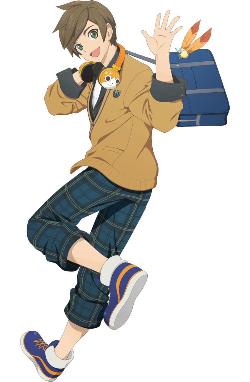 1boy :d badge bag blue_footwear blue_pants brown_hair cardigan charm_(object) collared_shirt english_commentary feathers full_body green_eyes headphones headphones_around_neck highres leg_up long_sleeves looking_at_viewer male_focus normin_(tales) official_art open_mouth pants plaid plaid_pants school_bag shirt shoes short_hair simple_background smile sneakers solo sorey_(tales) standing standing_on_one_leg tales_of_(series) tales_of_asteria tales_of_zestiria transparent_background waving white_shirt