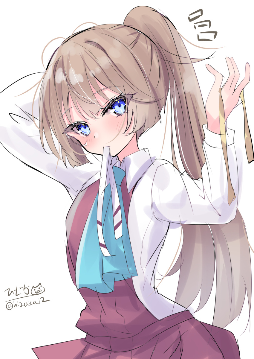 1girl absurdres aqua_necktie blue_eyes brown_hair collared_shirt dress dress_shirt highres hizaka kantai_collection kazagumo_(kancolle) long_hair looking_at_viewer mouth_hold necktie notice_lines one-hour_drawing_challenge pleated_dress purple_dress school_uniform shirt solo white_shirt