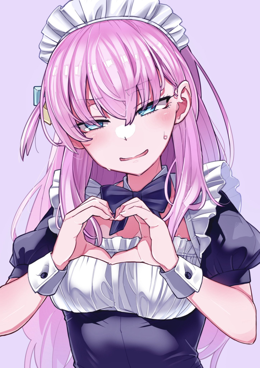 1girl alternate_costume black_dress blue_eyes blush bocchi_the_rock! desert_(desel_1) dress enmaided eyebrows_hidden_by_hair gotoh_hitori hair_ornament heart heart_hands highres looking_at_viewer maid maid_headdress parted_lips pink_hair purple_background simple_background solo sweatdrop upper_body wrist_cuffs