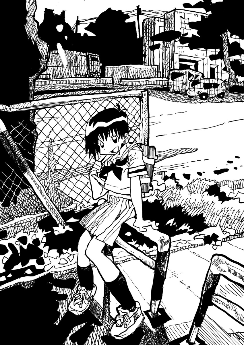 1girl arm_support backpack bag building cityscape fence grass highres holding holding_bag kawiochi looking_afar monochrome open_mouth original outdoors pleated_skirt road sailor_collar school_uniform serafuku shoes short_hair skirt sneakers socks solo street