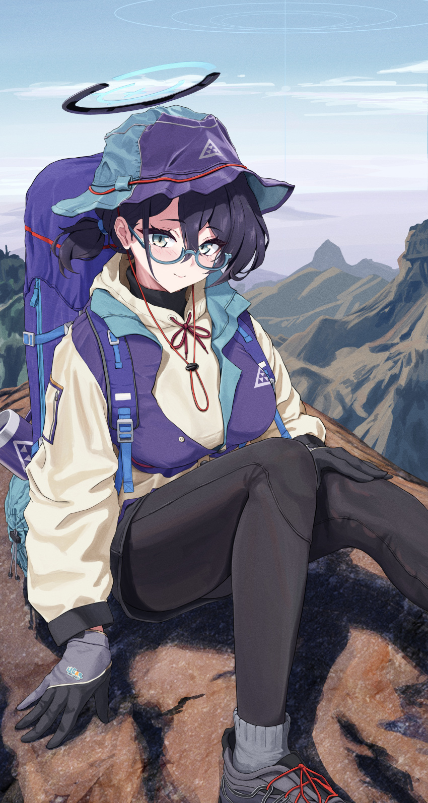 1girl absurdres backpack bag black_gloves black_hair black_leggings black_shorts blue_archive blue_bag blue_coat blue_halo bocchi_(kuropom7) chihiro_(blue_archive) chihiro_(camp)_(blue_archive) clouds coat commentary_request day glasses gloves grey_eyes grey_socks hair_between_eyes halo hat highres hiking_backpack leggings looking_at_viewer mechanical_halo mountain multicolored_coat outdoors revision rock short_hair shorts sitting sky smile socks solo two-tone_coat white_coat