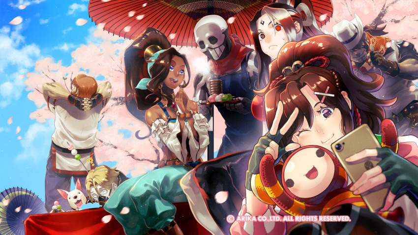 3girls 5boys ? breasts cellphone character_request closed_mouth clouds dango dark-skinned_female dark_skin dog fighting_ex_layer fingerless_gloves food gloves hair_ornament highres holding holding_phone knitty_(technictix) long_hair looking_at_viewer multiple_boys multiple_girls nanase_(street_fighter) official_art official_wallpaper one_eye_closed open_mouth phone pullum_purna shirase_(street_fighter) skullomania smile street_fighter street_fighter_ex_(series) technictix tree umbrella v wagashi x_hair_ornament