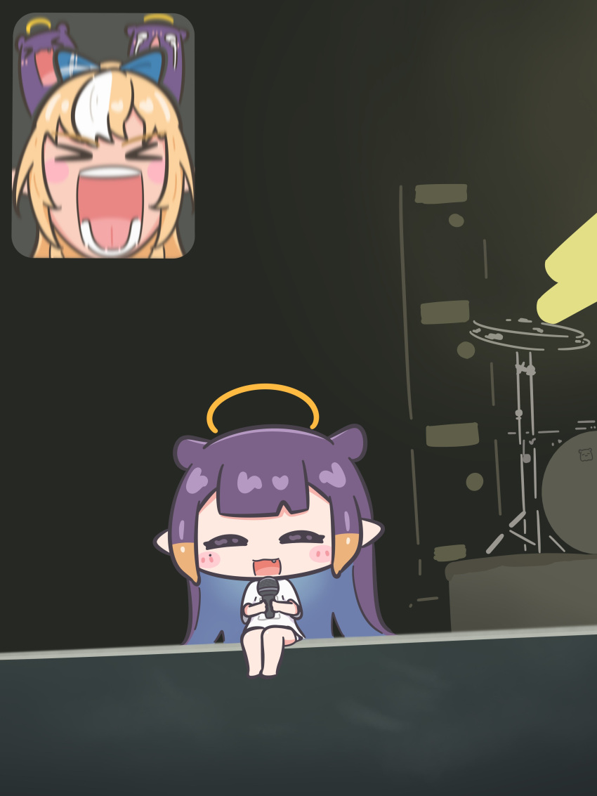 &gt;_&lt; 2girls :d absurdres blonde_hair blush_stickers chibi drum drum_set english_commentary fan_screaming_at_madison_beer_(meme) fang halo highres hololive hololive_english instrument meme microphone mpien multicolored_hair multiple_girls ninomae_ina'nis open_mouth orange_hair pointy_ears ponytail purple_hair shiranui_flare shirt sitting smile streaked_hair t-shirt takodachi_(ninomae_ina'nis) tears tentacle_hair white_hair xd