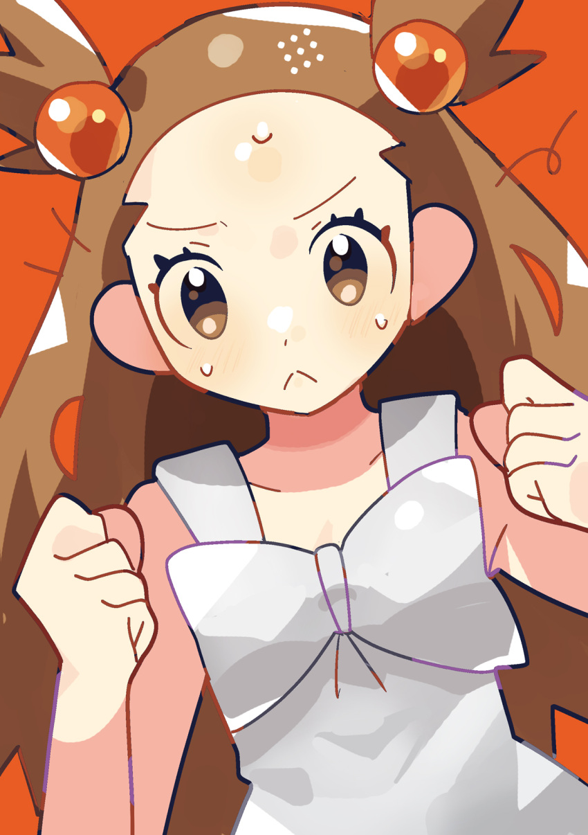 1girl :&lt; anidler91 brown_eyes brown_hair clenched_hands closed_mouth dress hair_bobbles hair_ornament highres jasmine_(pokemon) looking_at_viewer orange_background pokemon pokemon_gsc sleeveless sleeveless_dress solo sundress sweat twintails upper_body white_dress