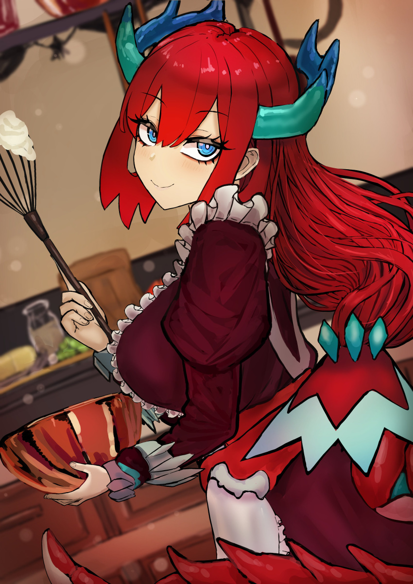 1girl absurdres adeshi_(adeshi0693119) apron blue_eyes breasts cooking cooking_pot dragon_girl dragon_horns dragon_tail dress duel_monster highres holding holding_ladle horns kitchen kitchen_dragonmaid ladle large_breasts long_hair long_sleeves looking_at_viewer maid maid_apron puffy_sleeves redhead tail yu-gi-oh!