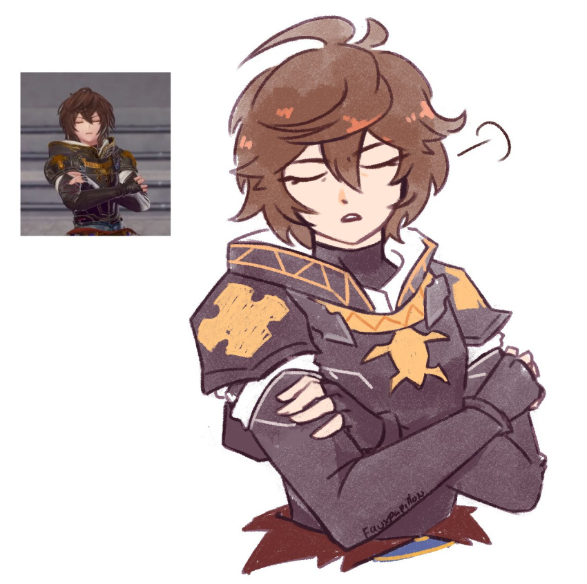 1boy ahoge armor artist_name breastplate brown_hair closed_eyes commentary cropped_torso crossed_arms derivative_work english_commentary fauxpapillon fingerless_gloves gloves granblue_fantasy hair_between_eyes highres hood hood_down male_focus messy_hair parted_lips sandalphon_(granblue_fantasy) screencap_redraw shoulder_armor sigh signature solo turtleneck twitter_username white_background