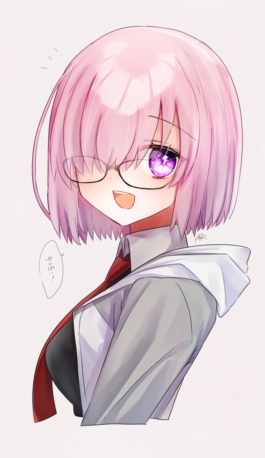 1girl :d absurdres black-framed_eyewear blush cropped_arms cropped_torso fate/grand_order fate_(series) from_side glasses grey_sleeves harukappa highres hood hood_down hooded_jacket jacket looking_at_viewer mash_kyrielight necktie open_clothes open_jacket open_mouth pink_hair raglan_sleeves red_necktie short_hair signature simple_background smile solo speech_bubble straight_hair upper_body violet_eyes white_background white_jacket