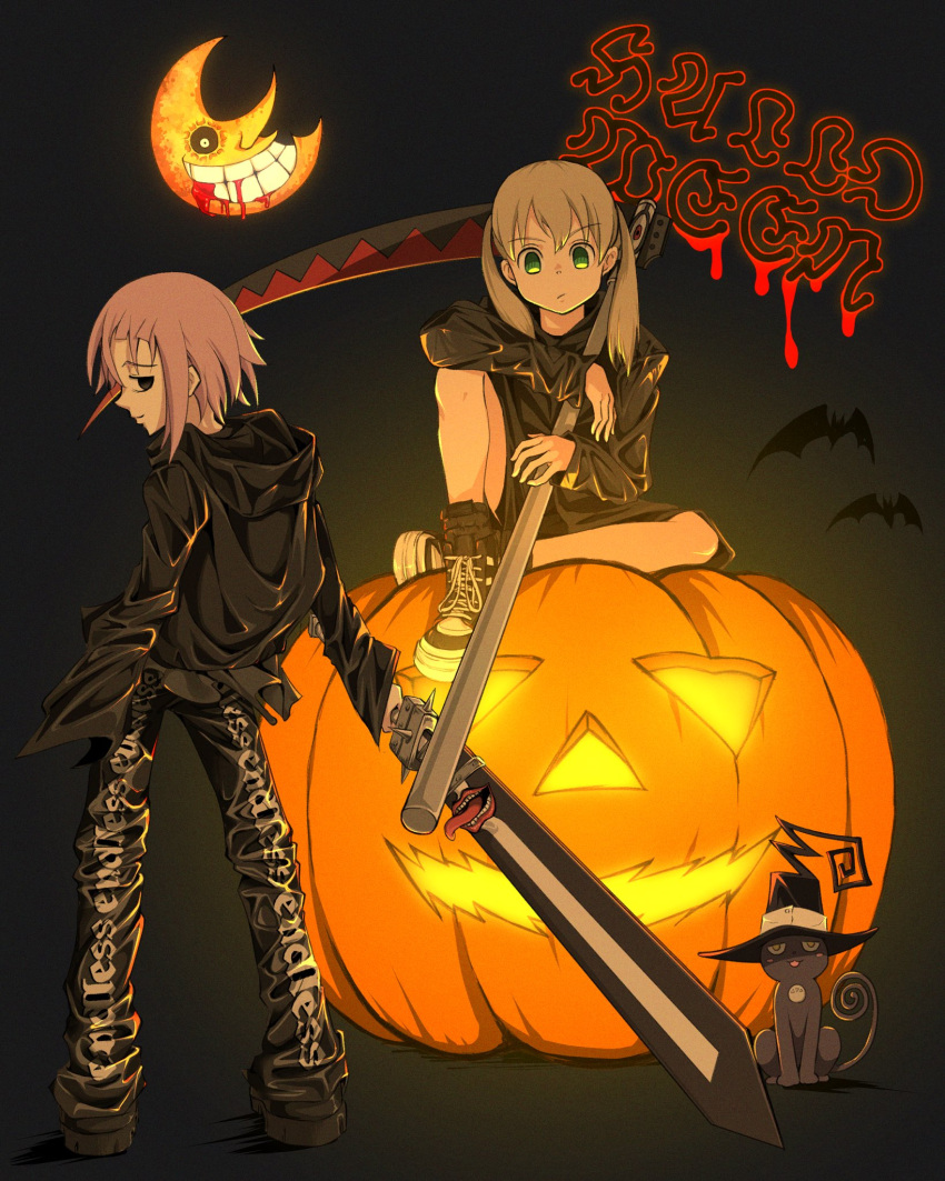 1other 2girls black_hoodie black_jacket black_pants blair_(soul_eater) blonde_hair cat clothes_writing crescent_moon crona_(soul_eater) english_text green_eyes grey_eyes halloween happy_halloween hat highres holding holding_scythe holding_sword holding_weapon hood hoodie jack-o'-lantern jacket keeeey looking_at_viewer maka_albarn moon moon_with_face multiple_girls night night_sky pants scythe sitting sitting_on_object sky soul_eater sword twintails weapon witch_hat