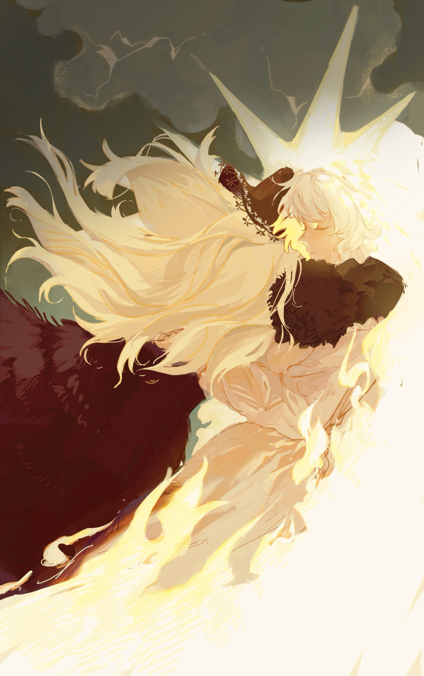 2girls absurdres black_dress black_hat blonde_hair burning chinese_commentary closed_eyes commentary_request cowboy_shot dress dungeon_meshi falin_touden falin_touden_(tallman) fire from_side grey_background head_scarf highres hug long_hair marcille_donato marcille_donato_(lord) multiple_girls qinjiao20 short_hair smoke spoilers white_dress
