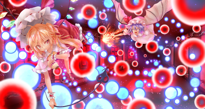 2girls absurdres bat_wings blonde_hair blue_brooch bow bowtie brooch calpis118 danmaku flandre_scarlet flying food frilled_skirt frills glowing glowing_wings hair_between_eyes hat hat_ribbon highres holding holding_polearm holding_weapon indoors jewelry laevatein_(touhou) looking_at_another medium_hair mob_cap mouth_hold multicolored_wings multiple_girls name_connection object_namesake one_side_up open_mouth pink_shirt pink_skirt polearm pudding purple_hair red_eyes red_ribbon red_skirt red_vest remilia_scarlet ribbon ribbon-trimmed_headwear ribbon_trim shirt siblings sisters skirt skirt_set spoon touhou utensil_in_mouth vest weapon white_hat wings wrist_cuffs yellow_bow yellow_bowtie