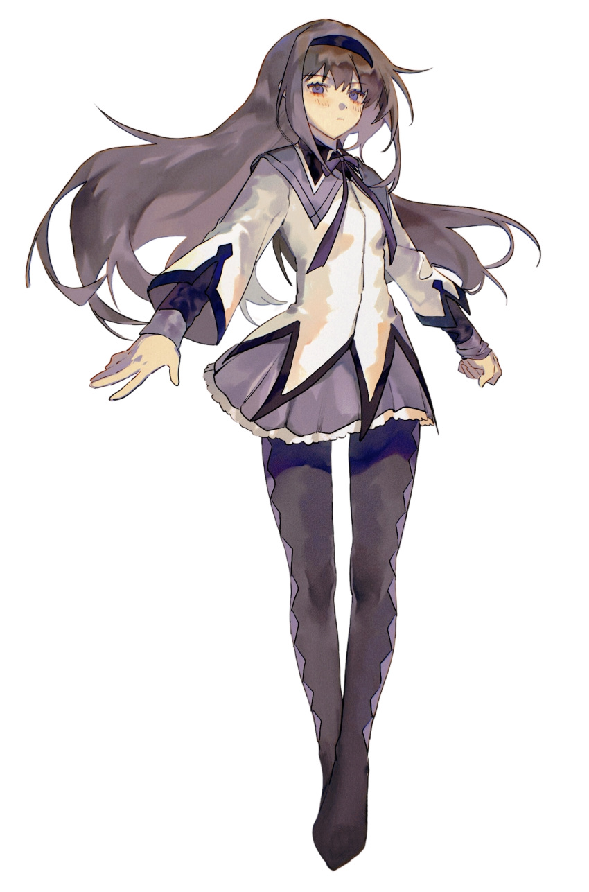 1girl akemi_homura argyle_clothes argyle_legwear black_footwear black_hair black_hairband boots capelet chinese_commentary commentary_request expressionless floating_hair full_body hairband highres jacket knees_apart_feet_together ld-killer long_hair long_sleeves mahou_shoujo_madoka_magica mahou_shoujo_madoka_magica_(anime) neck_ribbon purple_capelet purple_skirt ribbon simple_background skirt solo standing thigh_boots violet_eyes white_background white_jacket