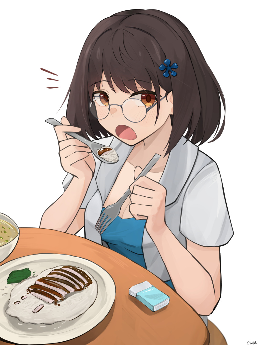 1girl absurdres bowl brown_eyes brown_hair chicken_(food) eating english_commentary food fork gamryous girls_frontline glasses highres holding holding_fork holding_spoon looking_at_viewer plate rice sar-21_(girls'_frontline) short_hair solo soup spoon table tissue vegetable