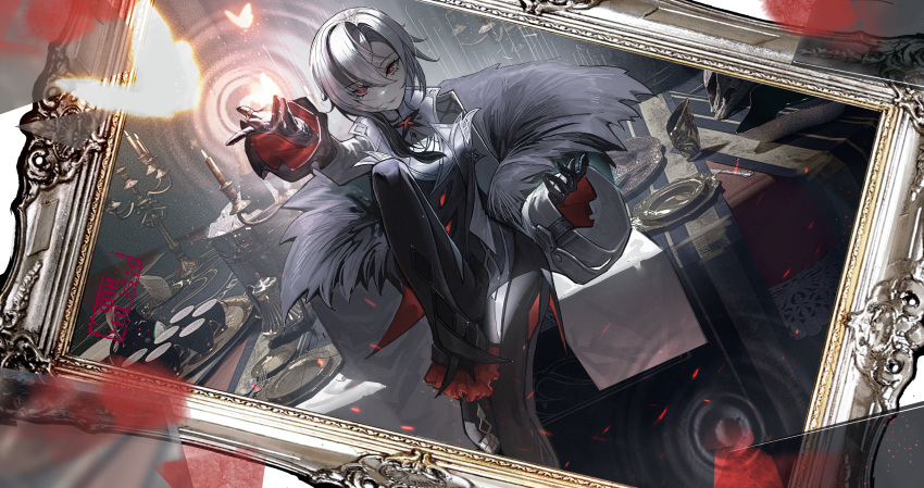1girl absurdres arlecchino_(genshin_impact) black_pants candlestand coat commentary_request cup genshin_impact grey_coat grey_hair highres knee_up long_sleeves pants short_hair sitting solo tyhaya