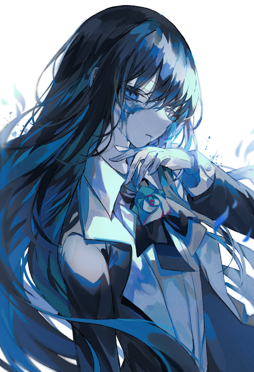 1girl absurdres ado_(utaite) black_bow black_bowtie black_coat blue_eyes blue_flower blue_hair blue_rose bow bowtie chando_(ado) cloud_nine_inc clouds coat collared_shirt colored_inner_hair dress_shirt flower flower_brooch gloves highres long_hair long_sleeves mole mole_under_eye multicolored_hair open_clothes open_coat paint_from_mouth paint_on_clothes paint_splatter paint_splatter_on_face rose shirt sidelocks solo umemaro_(siona0908) upper_body utaite white_background white_gloves wish_(ado)