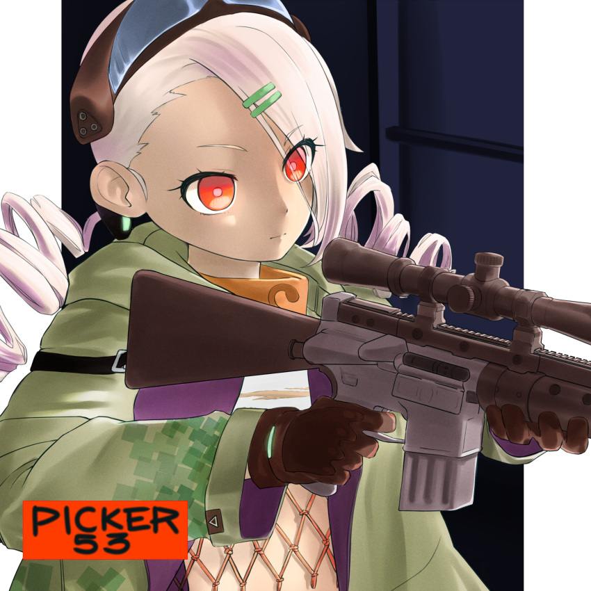 1girl absurdres armband camouflage camouflage_jacket digital_camouflage drill_hair girls_frontline gloves goggles goggles_on_head gun hair_ornament hairclip highres holding holding_gun holding_weapon jacket mk_12_(girls'_frontline) red_eyes scarf solo upper_body weapon white_hair