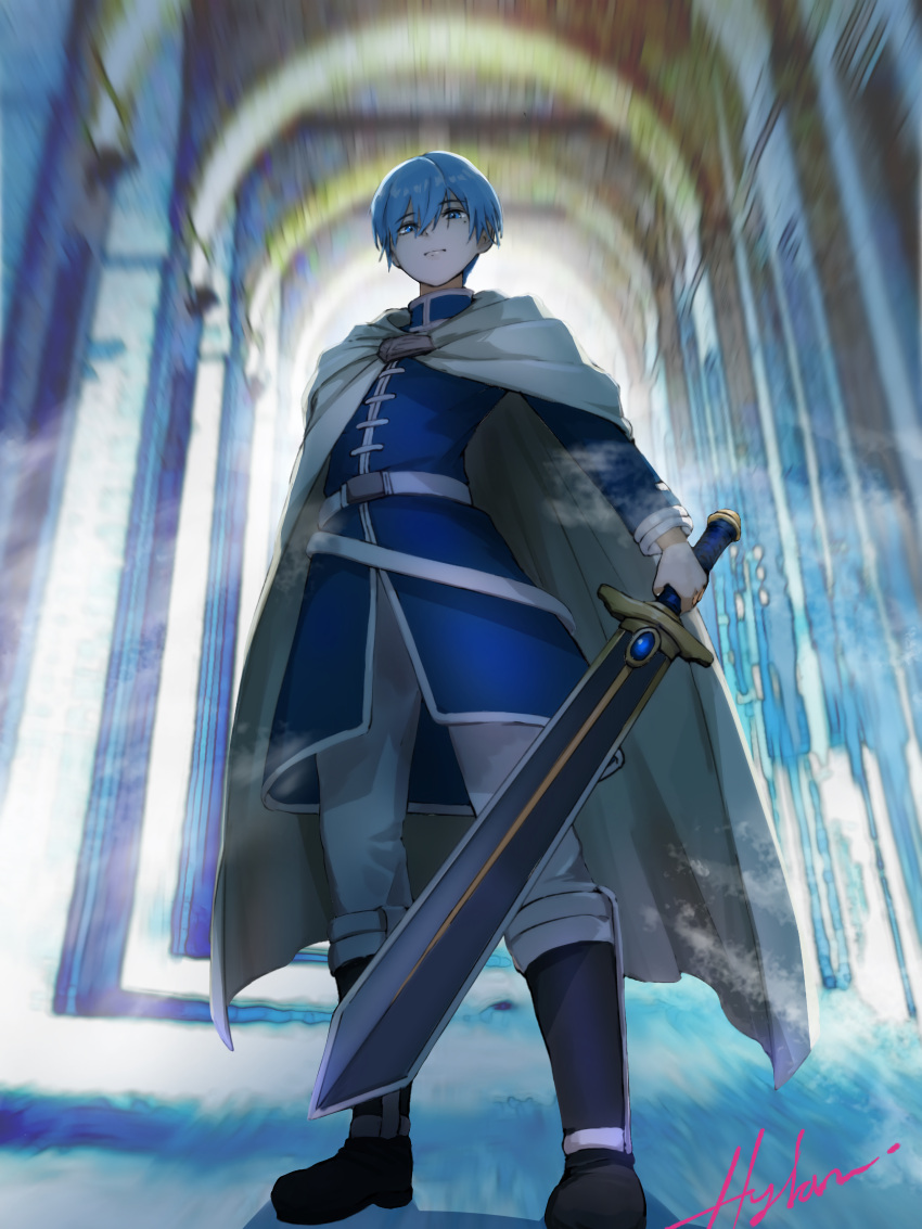 1boy absurdres arm_at_side black_footwear blue_eyes blue_hair blue_jacket boots cape closed_mouth cold commentary doorway fighting_stance full_body hair_between_eyes highres himmel_(sousou_no_frieren) holding holding_sword holding_weapon hylran0427 indoors jacket looking_at_viewer mole mole_under_eye motion_blur pants short_hair signature solo sousou_no_frieren standing sword visible_air weapon white_cape white_pants