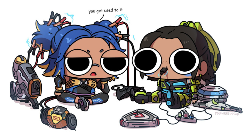 2girls annoyed apex_legends artist_name black_hair blonde_hair blue_hair cable cartoonized chibi conduit_(apex_legends) country_connection crossed_legs crossover d.o.c._health_drone dark-skinned_female dark_skin english_commentary freckles hack_(apex_legends) hair_behind_ear highres jumper_cable lightning_bolt_symbol miyan_(oceanmaiden) multicolored_hair multiple_girls neon_(valorant) non-humanoid_robot philippines power_cord robot shadow sitting streaked_hair toon_(style) two_side_up valorant white_background