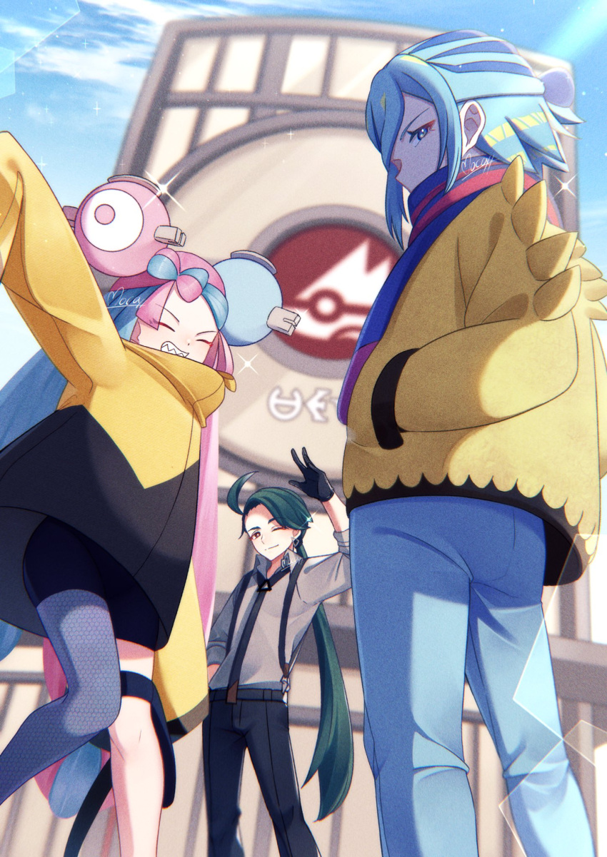 1boy 2girls ahoge black_gloves black_necktie black_pants black_shorts blue_hair bow-shaped_hair character_hair_ornament closed_eyes closed_mouth clouds collared_shirt commentary_request day gloves green_hair grey_pantyhose grin grusha_(pokemon) hair_ornament highres iono_(pokemon) jacket long_hair mocacoffee_1001 multicolored_hair multiple_girls necktie one_eye_closed outdoors pants pantyhose pokemon pokemon_sv ponytail rika_(pokemon) scarf shirt shorts signature single_leg_pantyhose sky smile sparkle striped_clothes striped_scarf suspenders teeth thigh_strap two-tone_hair yellow_jacket