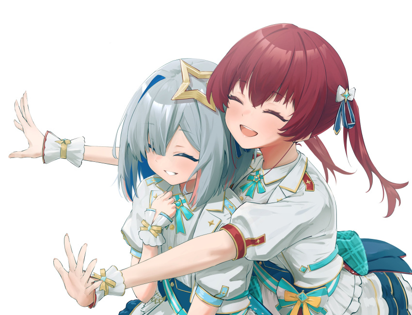 2girls :d absurdres amane_kanata aqua_ribbon asymmetrical_bangs back_bow blue_corset blue_hair bow closed_eyes collared_shirt colored_inner_hair commentary corset frilled_skirt frills gold_trim grey_hair hair_between_eyes hair_over_one_eye hair_ribbon halo hashtag_only_commentary highres hololive hololive_idol_uniform_(bright) houshou_marine hug hug_from_behind idol_clothes jacket lapels multicolored_hair multiple_girls neck_ribbon notched_lapels official_alternate_costume pink_hair redhead ribbon sash_bow shhhh7 shirt short_hair simple_background single_hair_intake skirt smile star_halo streaked_hair twintails underbust virtual_youtuber waist_bow white_background white_jacket white_shirt white_skirt wrist_cuffs