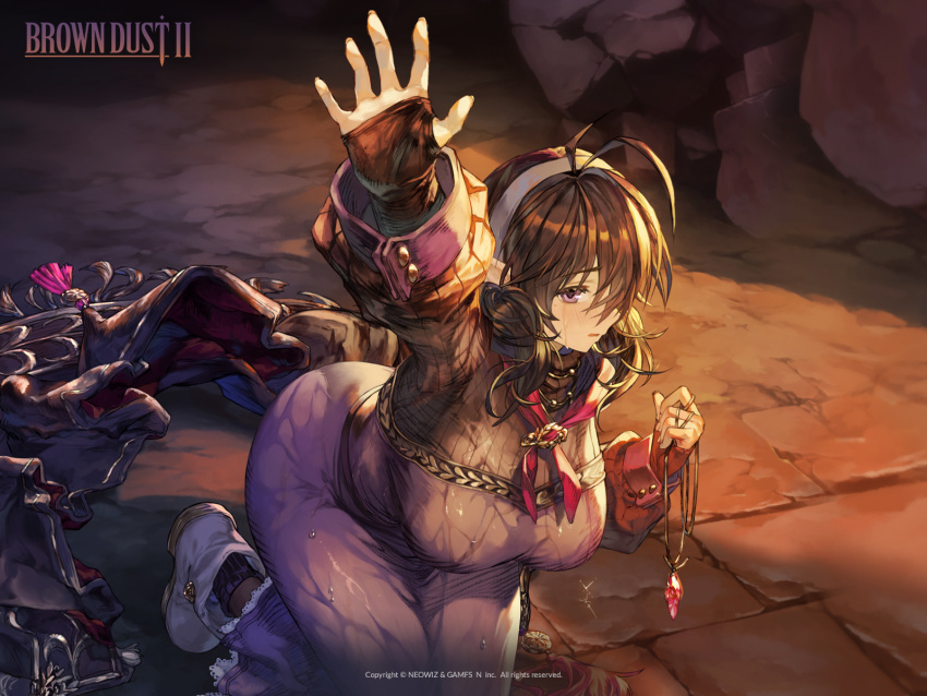 1girl antenna_hair arm_up black_dress black_hair bridal_gauntlets brown_dust_2 copyright_name dress fire_light gem hair_over_one_eye hairband highres holding holding_jewelry jewelry kneeling loen_(brown_dust_2) long_hair looking_at_viewer official_art official_wallpaper open_mouth pendant purple_dress second-party_source solo sweat two-tone_dress unworn_robe very_long_hair violet_eyes wet wet_clothes white_footwear white_hairband
