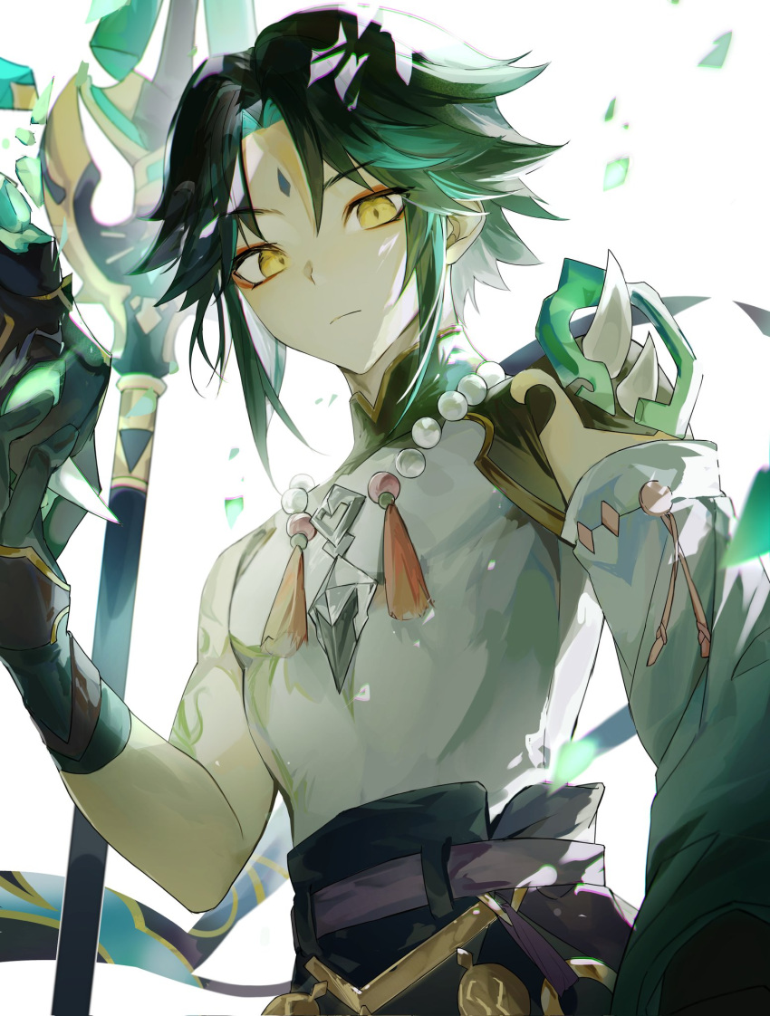 1boy arm_tattoo armor bead_necklace beads black_gloves black_hair closed_mouth detached_sleeves eunz facial_mark forehead_mark genshin_impact gloves green_gloves green_hair highres holding holding_mask holding_polearm holding_weapon jewelry looking_at_viewer male_focus mask multicolored_hair necklace parted_bangs polearm simple_background single_detached_sleeve solo spikes tassel tattoo upper_body weapon white_background xiao_(genshin_impact) yellow_eyes