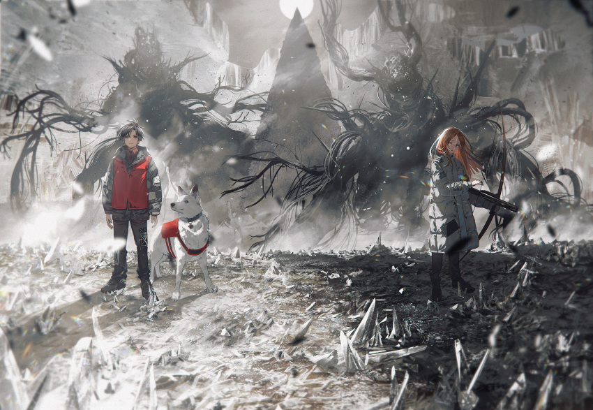 1boy 1girl absurdres animal_collar black_hair black_pants bow_(weapon) coat collar collared_shirt crystal debris dog highres holding holding_bow_(weapon) holding_weapon jacket long_hair monster original pants red_shirt red_vest rubble scenery shirt short_hair standing syo5 vest weapon white_dog wide_shot