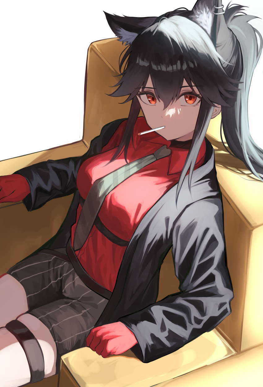 1girl absurdres animal_ear_fluff animal_ear_piercing animal_ears arknights belt black_belt black_hair black_jacket chest_belt cigarette collared_shirt couch cowboy_shot gloves grey_necktie grey_shorts hair_between_eyes high_belt highres jacket long_hair long_sleeves looking_at_viewer mouth_hold necktie official_alternate_costume on_couch open_clothes open_jacket orange_eyes ponytail puranetto_(vjun4748) red_gloves red_shirt shirt shorts simple_background sitting skindentation smoking solo striped_clothes striped_shorts texas_(arknights) texas_(willpower)_(arknights) thigh_strap vertical-striped_clothes vertical-striped_shorts white_background wolf_ears wolf_girl