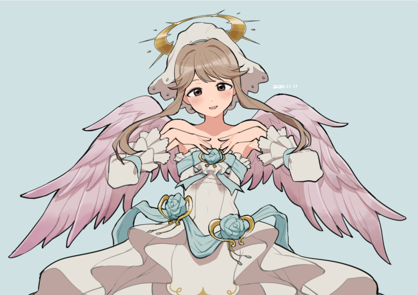 1girl bare_shoulders blue_background blue_bow blue_bowtie blue_sash blush bow bowtie breasts brown_eyes brown_hair collarbone dated detached_sleeves dot_nose dress fake_halo fake_wings feathered_wings floating_hair halo hands_up hat highres idolmaster idolmaster_million_live! idolmaster_million_live!_theater_days long_hair long_sleeves looking_at_viewer medium_breasts open_mouth sash sidelocks simple_background smile solo strapless strapless_dress tarako_oniyon tenkubashi_tomoka white_dress white_sleeves wings