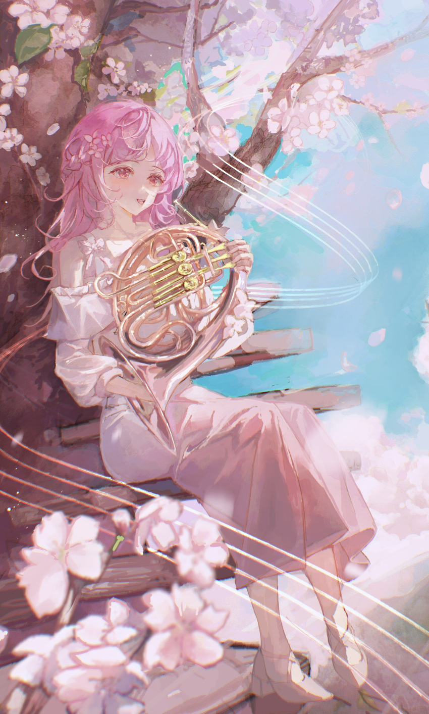 1girl :d absurdres bare_shoulders bench blue_sky blurry blush braid cherry_blossoms clothing_cutout day depth_of_field dress falling_petals flower french_horn full_body hair_flower hair_ornament harp high_heels highres holding holding_instrument in_tree instrument leaf lie_lack1080 long_hair long_sleeves music ootori_emu open_mouth outdoors petals pink_dress pink_eyes pink_flower pink_hair pink_skirt pink_theme playing_instrument project_sekai puffy_long_sleeves puffy_sleeves shoulder_cutout sitting sitting_in_tree skirt sky smile solo teeth tree upper_teeth_only white_footwear